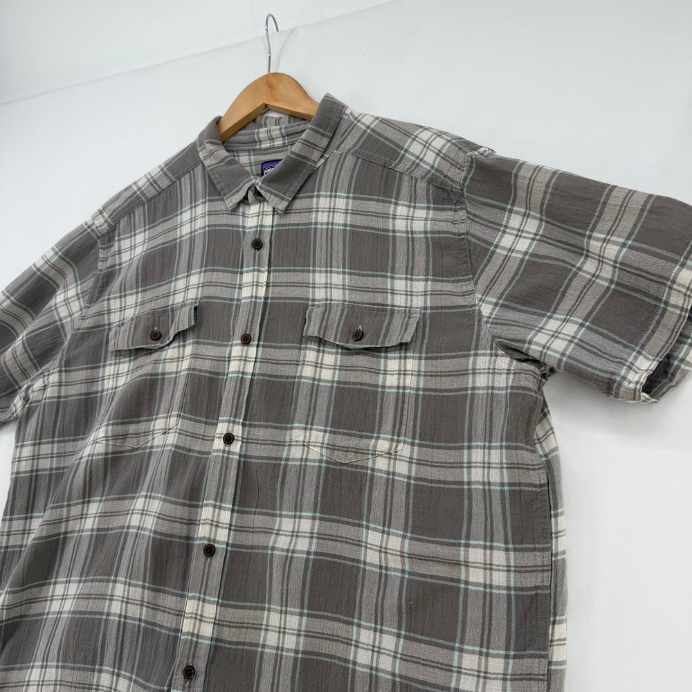 Patagonia Men XXL Grey Plaid Organic Cotton Short Sleeve Button Down Shirt 52931